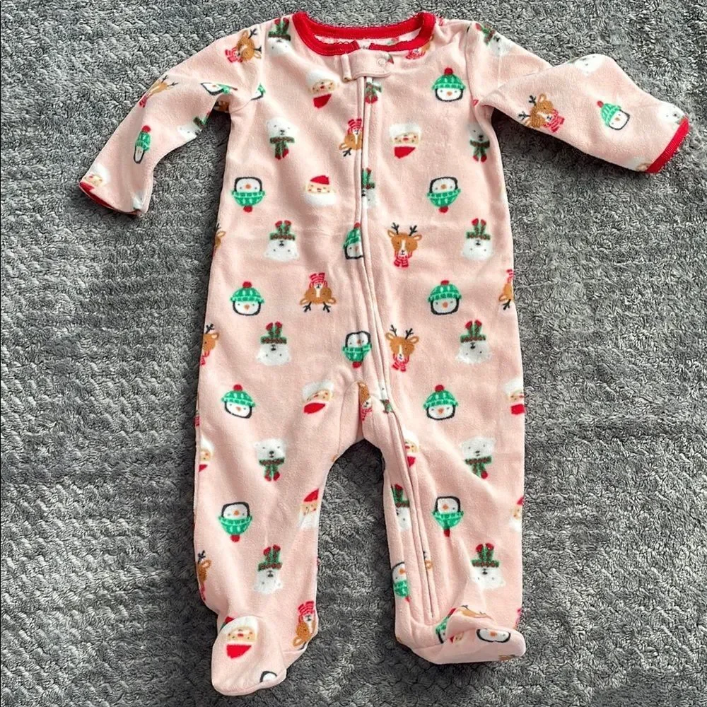Carter's Pink and Red Footie Christmas One Piece with Holiday Design 6-9months